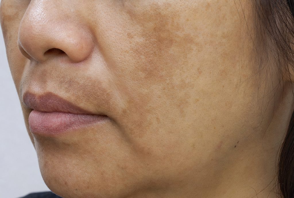 AI-generated illustration of melasma patches on the cheek and upper lip